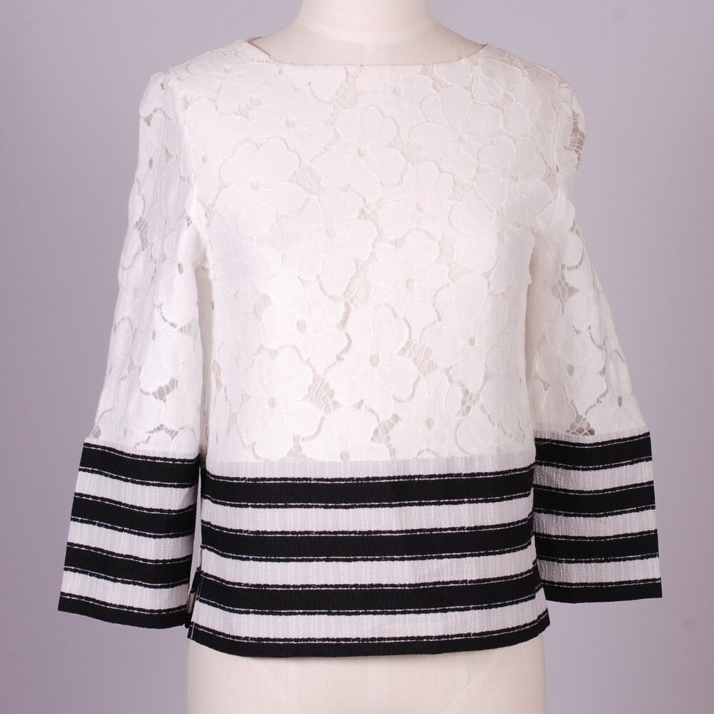 English Factory White Lace Blouse with Black Stripe Trim